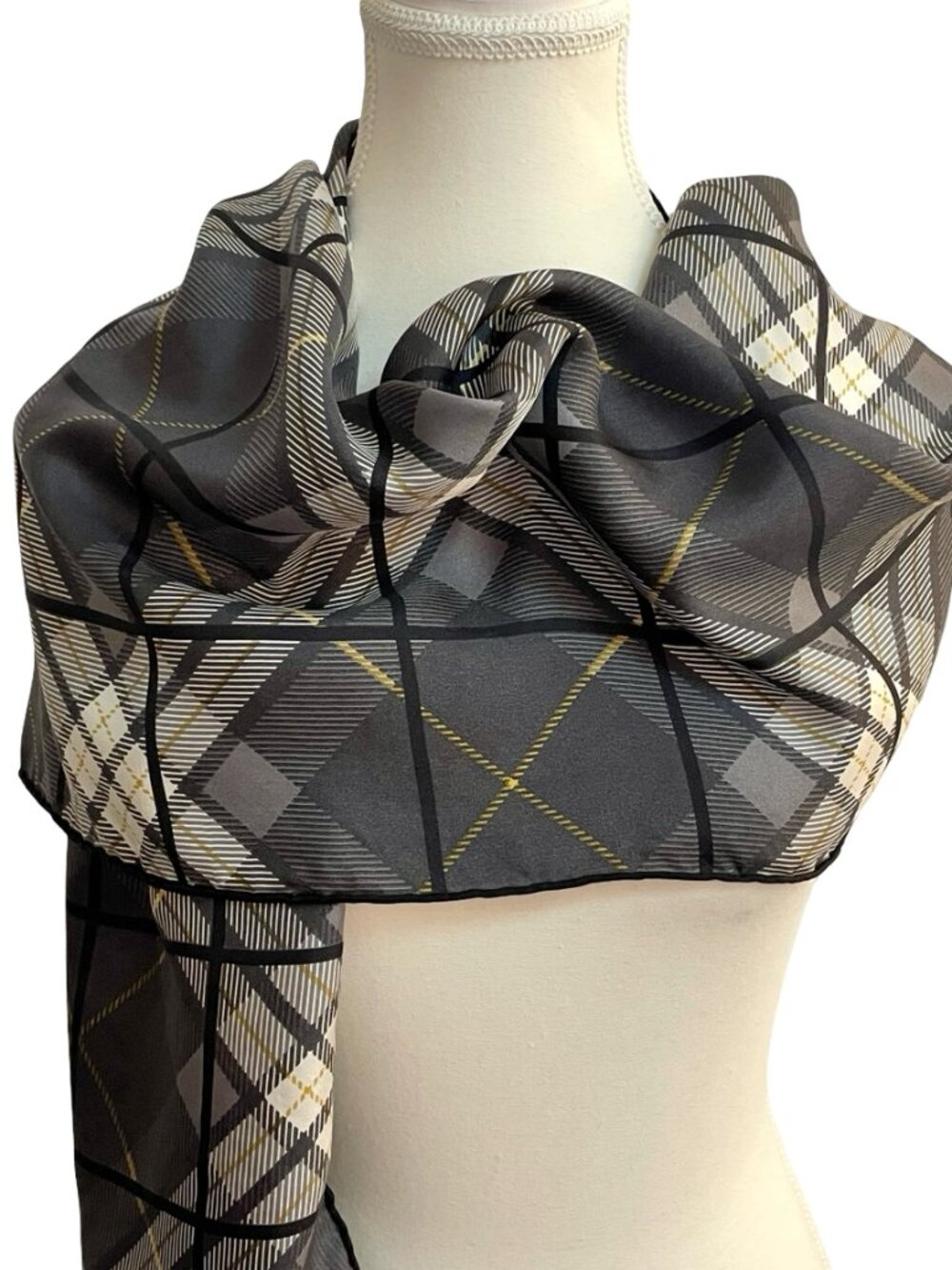 Vintage 100% Silk Plaid Scarf with Hand Rolled Edges